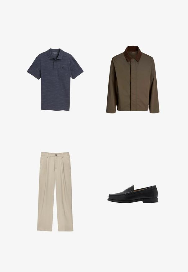 Brązowa tkaninowa kurtka z ciemno-brązowym kołnierzem z kordurowego materiału, charakteryzująca się prostym krojem, długimi rękawami i zapięciem z przodu bez widocznych elementów metalowych.; Jasnobeżowy wełniany sweter z okrągłym dekoltem i ściągaczami. Posiada teksturowany materiał oraz kontrastowy, ciemnoniebieski wewnętrzny kołnierz.; Granatowa koszulka polo z teksturowanym, melanżowym wzorem, krótkimi rękawami, z trzema guzikami z przodu oraz małą kieszonką na piersi.; Beżowe spodnie o prostym kroju, z pojedynczym czarnym guzikiem, szlufkami na pasek oraz bocznymi kieszeniami. Gładka faktura materiału i minimalistyczny design.; Mango - Biznesowe loafersy