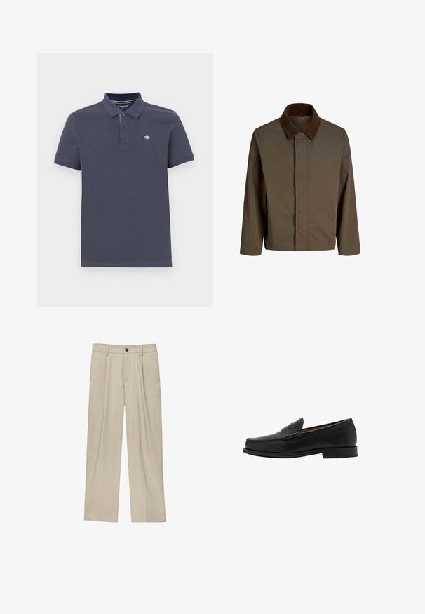 Braune Stoffjacke mit dunkelbraunem Cordkragen, gerader Schnitt, langen Ärmeln und einem Frontverschluss ohne sichtbare Beschläge.; Hellbeige Wollpullover mit Rundhalsausschnitt und gerippten Bündchen. Besitzt einen strukturierten Stoff und einen kontrastierenden dunkelblauen Innenkragen.; Navy Polo-Shirt aus Baumwollmischung mit zwei Knöpfen, kurzen Ärmeln und kleinem gesticktem Logo auf der linken Brust.; Beige Hosen mit geradem Schnitt, ausgestattet mit einem einzelnen schwarzen Knopf, Gürtelschlaufen und Seitentaschen. Glatte Stofftextur und minimalistisches Design.; Mango Business-Slipper - black