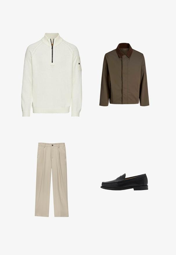 Brun stofjakke med en mørkebrun fløjlskrave, der har et lige snit, lange ærmer og en frontlukning uden synligt hardware.; Hvid strikket sweater med halv-zip krave, ribbede manchetter og mønster, samt en lomme på ærmet. Blød tekstur, afslappet pasform.; Beige bukser med lige snit, der har en enkelt sort knap, bæltestropper og sidelommer. Glat stoftekstur og minimalistisk design.; Mango Business loafers - black