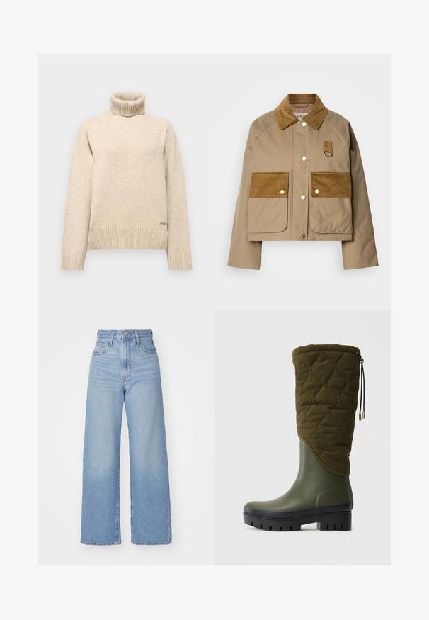 Kohvane jakk eemaldatava krae ja taskutega. Kullavärvi nupud ja aas detail. Sujuv tekstuur koos kontrastsete kangaste aktsentidega.; Kreemikollane kõrge kaelusega särk, mis on valmistatud pehmest kudumkangast. Omab soonikservi mansettidel ja allservas, koos diskreetse brändi logoga vasakul all.; Heledad sinine kõrge vöökohaga laiad teksad, ees nupp ja tõmblukk, ees ja taga taskud, valge tausta peal.; Säären kõrgune roheline veekindel saabas, millel on õmmeldud kangast ülemine osa, must massiivne tallaosa ning ülaosas reguleeritav tõmblukk.