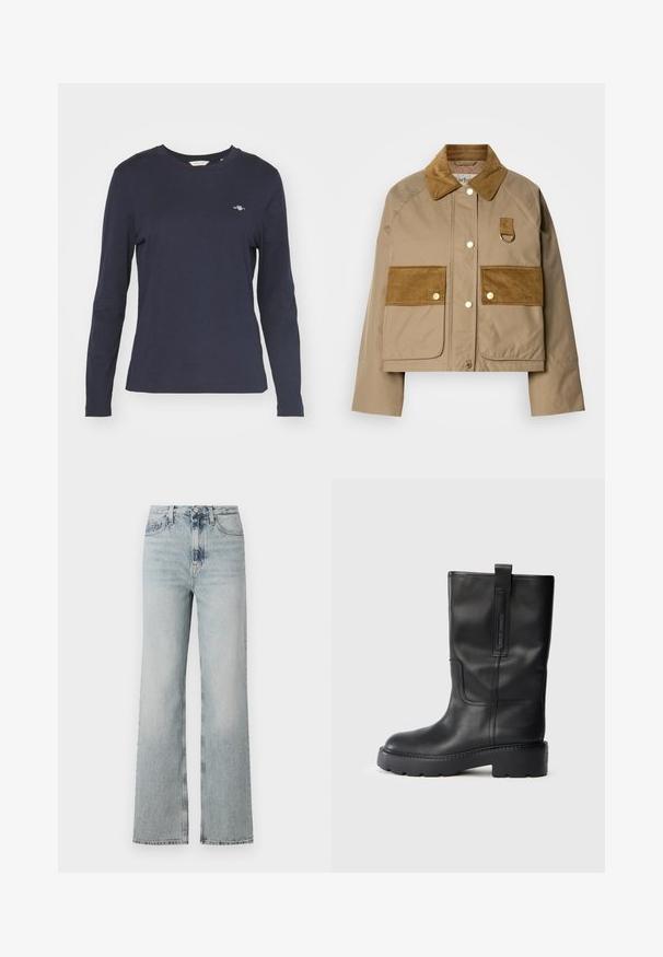 Barna dzseki kordbársony gallérral és zsebekkel. Jellemzője a sárgaréz gombok és egy hurok részlet. Simaságával és kontrasztos anyagbetétjeivel tűnik ki.; Sötétkék, hosszú ujjú póló, pamutból készült, környakú és kis logóval az átellenes mellrészen. Simább textúra.; Magas derekú, világoskék farmernadrág, széles szárú szabással, öt zsebbel és diszkrét kopásnyomokkal az anyagon.; Fekete bőr, térd fölé érő csizmák, amelyek karcsú dizájnnal rendelkeznek, vastag talppal és oldalsó húzópánttal a könnyű felvételhez. Figyelemre méltó varrási részletek.