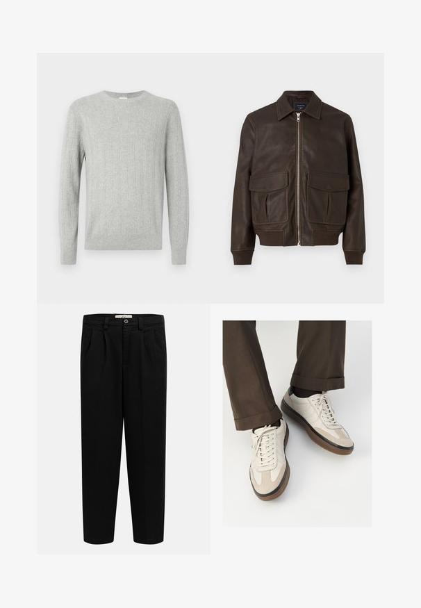 Jachetă bomber din piele maro, cu fermoar frontal, două buzunare mari cu clapetă, manșete și talie ribbate, expusă pe fundal alb.; Pulover tricotat de culoare gri deschis, cu textură ribbată, guler rotund și mâneci lungi. Design simplu, cu o margine dreaptă și material durabil.; Pantaloni negri cu talie înaltă, croială dreaptă, cu bucle pentru curea, pliseuri frontale, buzunare laterale și închidere cu nasture la talie.; Adidași bej cu un vârf din suede texturat, laterale din piele netedă și o talpă din cauciuc maro. Șireturile și detalii de cusătură subtilă incluse.