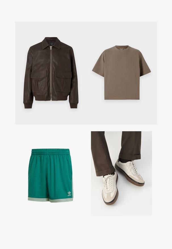 Brūns ādas bumbra žakets ar priekšējo rāvējslēdzēju, divām lielām atloku kabatām, ribotām piedurknēm un jostu, novietots uz balta fona.; Brūns, īsām piedurknēm T-krekls, izgatavots no mīkstas auduma ar apaļu kakla izgriezumu. Iespējo brīvu piegriezumu un vienkāršu apakšmalas detaļojumu.; Zaļas acs sporta šortus ar elastīgu jostu. Sānos ir pelēki akcenti un neliela balta Adidas logo priekšējā apakšā.; Beidzī lasi ar strukturētu zamšādu priekšpusi, gludiem ādas sāniem un brūnu gumijas zoli. Iekļauti auklas un viegla šuvuma detaļas.