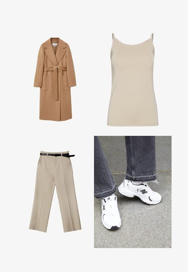 Langer, camel-farbener Mantel aus weichem Stoff mit tailliertem Bund, breitem Revers und zwei Taschen auf der Vorderseite. Glatte Textur und maßgeschneiderter Schnitt.; Beige Tanktop aus glattem Stoff mit dünnen Trägern und einem schlichten, figurbetonten Design mit einem klaren Ausschnitt und ohne Muster.; Beige weite Hosen mit glatter Textur, vorderen Taschen und einem schwarzen Ledergürtel. Maßgeschneiderter Schnitt mit klaren Falten.; Weiße New Balance Sneakers mit einem Obermaterial aus Mesh und Synthetik und schwarzen Akzenten. Getragen mit grauen Jeans mit ausgefransten Säumen auf einer strukturierten Oberfläche.