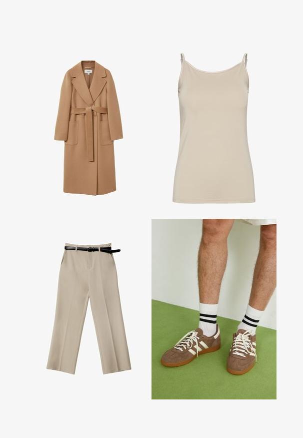 Lang, kamelfarvet frakke i blødt stof med bælte i taljen, brede reverser og to frontlommer. Glat tekstur og skræddersyet design.; Beige tanktop lavet af glat stof, med tynde stropper og et enkelt, fitted design med en ren udskæring og uden mønstre.; Beige bredde benbukser med en glat tekstur, forlommer og et sort læderbælte. Skræddersyet design med skarpe folder.; Brune ruskind sneakers med hvide detaljer og snørebånd. Gummisål i naturgummi. Båret med hvide sokker med sorte striber. Grøn struktureret gulv.