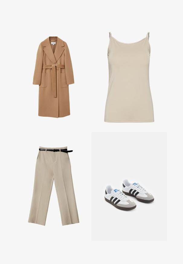 Long, camel-colored coat in soft fabric with a belted waist, wide lapels, and two front pockets. Smooth texture and tailored design.; Beige tank top made of smooth fabric, featuring thin straps and a simple, fitted design with a clean neckline and no patterns.; Beige wide-leg trousers featuring a smooth texture, front pockets, and a black leather belt. Tailored design with crisp pleats.; Sport shoes with a white leather upper, gray suede toe, and three black stripes. Features a blue logo on the tongue and a textured rubber sole.