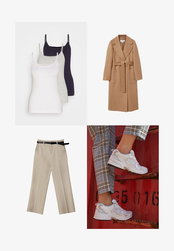 Dugi kaput boje kamila od mekog materijala s pojasom u struku, širokim reverima i dva prednja džepa. Glatka tekstura i kroj.; Tri remenice u bijeloj, sivoj i tamnoplavoj boji. Izrađene od mekog pamuka, s tankim naramenicama i prilagođenim dizajnom bez ukrasa.; Bež hlače širokih nogavica s glatkom teksturom, prednjim džepovima i crnim kožnim remenom. Krojen dizajn s oštrim pregibima.; Bijele mrežaste tenisice sa srebrnim akcentima i teksturiranom potplatom, postavljene na crvenu površinu, u kombinaciji s kariranim hlačama.