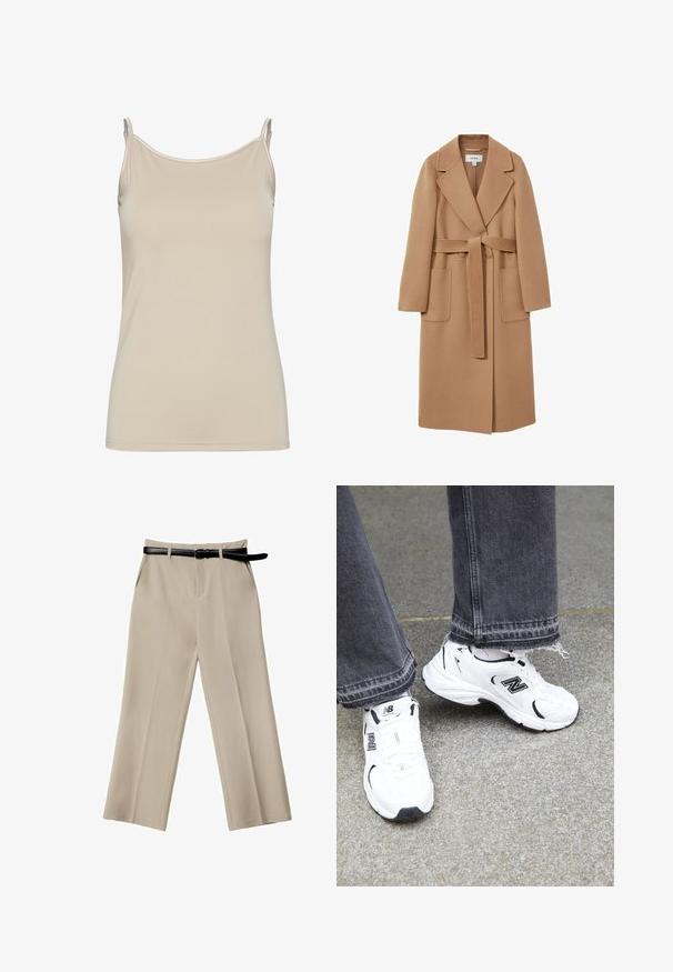 Pitkä, camel-värinen takki pehmeästä kankaasta, beltoitetulla vyötäröllä, leveillä läpillä ja kahdella etutaskulla. Liukas pinta ja muotoiltu malli.; Beige toppi, joka on valmistettu sileästä kankaasta, jossa on ohuet nauhat ja yksinkertainen, istuva malli, puhtaalla kaula-aukolla ja ilman kuvioita.; Beige leveled-housut, joissa on sileä pinta, etutaskut ja musta nahkavyö. Muotoiltu malli, jossa on terävät taitteet.; Valkoiset New Balance -tennarit, joissa on verkkokangas ja synteettinen yläosa mustilla yksityiskohdilla. Yhdistetty huonosti hoidettuihin harmaisiin farkkuihin teksturoidulla pinnalla.