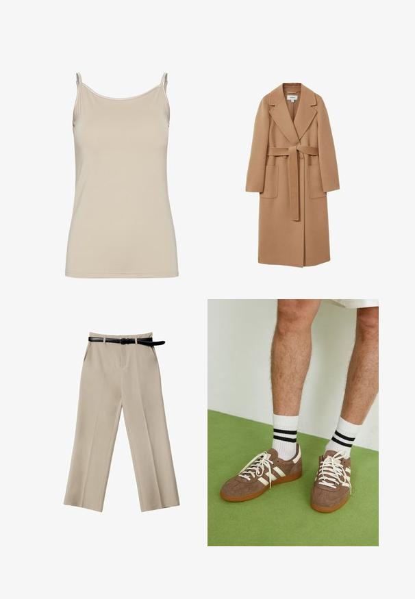 Dlouhý kabát v barvě velbloudí srsti z měkké tkaniny s páskem v pase, širokými klopami a dvěma předními kapsami. Hladká textura a dobře střižený design.; Beige tílko vyrobené z hladkého materiálu, s tenkými ramínky a jednoduchým, přiléhavým střihem s čistým výstřihem a bez vzorů.; Béžové široké kalhoty s hladkou texturou, předními kapsami a černým koženým páskem. Ušité s přesným designem a ostrými záhyby.; Hnědé semišové tenisky s bílými akcenty a tkaničkami. Gumová podrážka. Nošeny s bílými ponožkami s černými pruhy. Zelená strukturovaná podlaha.