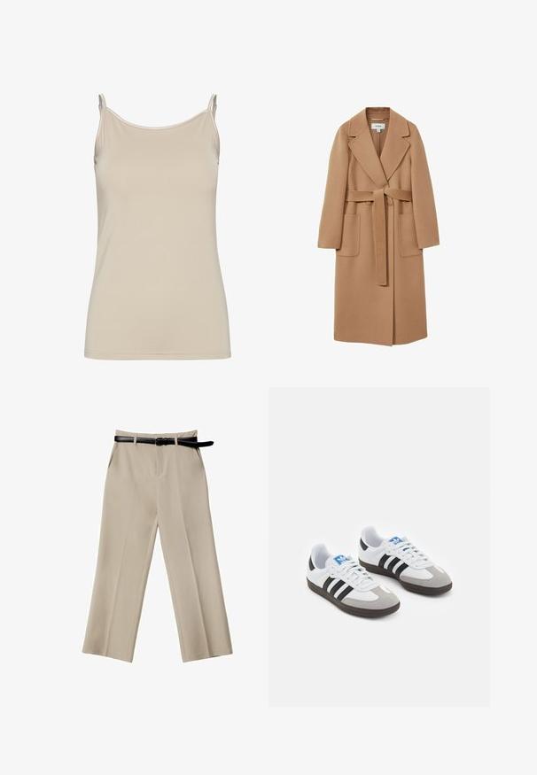 Dlouhý kabát v barvě velbloudí srsti z měkké tkaniny s páskem v pase, širokými klopami a dvěma předními kapsami. Hladká textura a dobře střižený design.; Beige tílko vyrobené z hladkého materiálu, s tenkými ramínky a jednoduchým, přiléhavým střihem s čistým výstřihem a bez vzorů.; Béžové široké kalhoty s hladkou texturou, předními kapsami a černým koženým páskem. Ušité s přesným designem a ostrými záhyby.; Sportovní boty s bílým koženým svrškem, šedou semišovou špičkou a třemi černými pruhy. Obsahují modré logo na jazyku a texturovanou gumovou podrážku.