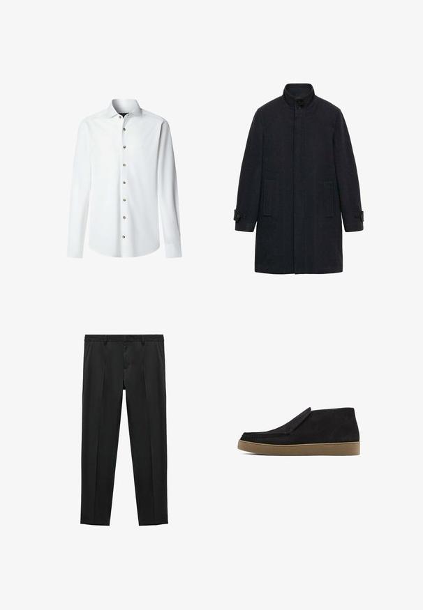 Dunkler Wollmantel mit hohem Kragen, zwei vorderen Taschen und Knopfdetails an den Ärmeln. Glatte Textur und gerade Schnittführung.; Brauner gerippter Strickpullover mit Rundhalsauschnitt und langen Ärmeln, aus einem strukturierten Stoff mit eng anliegenden Bündchen und Saum. Einfaches Design.; Weißes Langarmhemd aus glattem Stoff mit durchgehender Knopfleiste. Verfügt über einen klassischen Kragen und messingfarbene Knöpfe entlang der Knopfleiste.; Schwarze Hose mit taillierter Passform, aus glattem Stoff, mit zwei vorderen Falten und flachem Bund. Keine sichtbare Hardware; einfaches Design.; Schwarzer Wildlederschuh mit einem Slip-On-Design, runder Spitze und einer braunen Gummisohle. Verfügt über dezente Nähte und eine strukturierte Oberflächenbeschaffenheit.