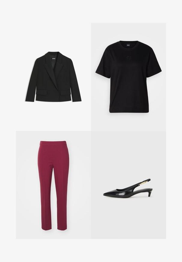 Black cropped blazer with a structured design, sharp lapels, two front pockets, and a single-button closure. Made from smooth fabric.; Black cotton t-shirt with a crew neckline, short sleeves, and an embroidered logo on the chest. Simple, relaxed fit with no patterns.; Burgundy tapered pants with a smooth texture and a fitted waistband, featuring an ankle-length cut and no visible embellishments.; Black leather slingback heels with a pointed toe, featuring a slim heel and a gold-tone accent on the adjustable strap. Smooth texture.