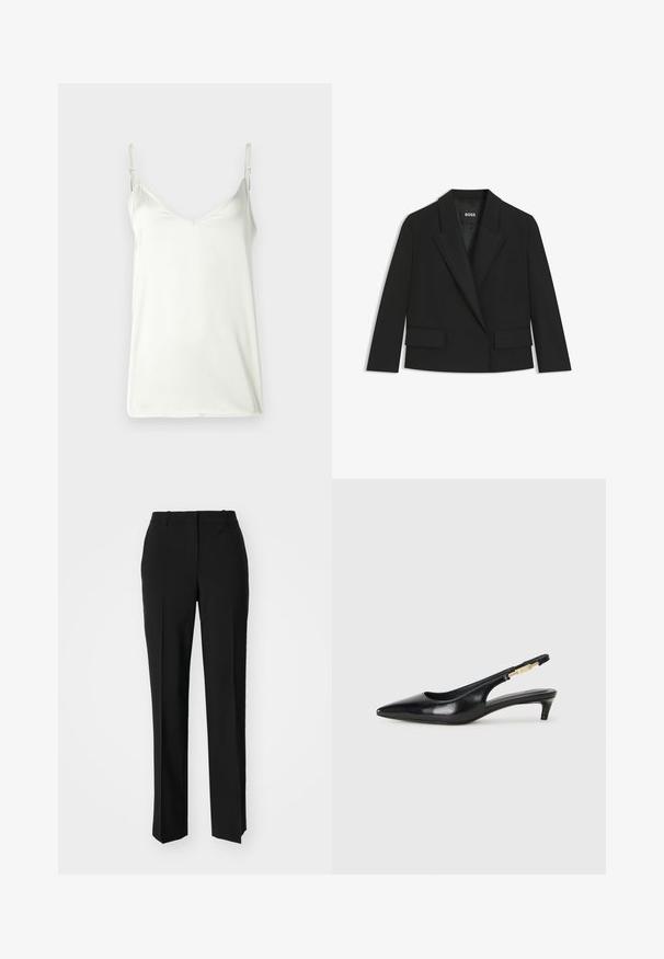 Blazer negro corto con un diseño estructurado, solapas afiladas, dos bolsillos frontales y cierre de un solo botón. Fabricado con tela suave.; Top de tirantes blanco hecho de una tela suave, con tirantes delgados y ajustables y un escote en V. Diseño simple sin patrones ni adornos.; Pantalones negros ajustados con un diseño de pierna recta, que presentan una textura suave y pliegues nítidos en el frente. Sin herrajes visibles.; Tacones negros de piel sintética tipo slingback con punta afilada, que cuentan con un tacón delgado y un detalle en tono dorado en la correa ajustable. Textura suave.