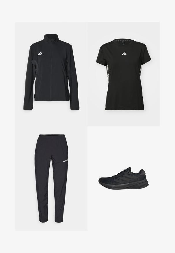 Svart träningsjacka med långa ärmar, ståkrage, full dragkedja fram och vitt Adidas-logotyp på vänster bröst. Slät, lättviktig tyg.; Svart idrottströja med korta ärmar, tillverkad av syntetiskt material. Har en liten vit logotyp på bröstet och vita ränder på sidorna.; Svarta träningsbyxor i lätt och elastisk material med elastisk midja och sidofickor med dragkedja. Har en vit logotyp på låret.; Svarta sportskor med överdel i mesh, strömlinjeformad form, platt sula och tre diagonala ränder på sidan. Lättviktig design för komfort.