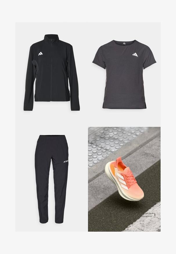 Must musternokaga mustriga, püstise kraega, täispika tõmblukuga must spordijope ja vasakul rinnal valge Adidas'i logo. Sile ja kerge kangas.; Lühikese varrukaga sportlik T-särk, tumehall, perforatsiooni tekstuuriga. Omab valget logo ja kontrastset külgtriipu. Ümar kaelus.; Mustad mustelekud, mis on valmistatud kergest ja venivast materjalist, elastsest pihast ja külgzipi taskutest. Rohelises logo joonistus reie peal.; Kergesti treeningijalats koralli ja valge värvitoonis; omab hingavat võrkmaterjali pealistust, pehmendatud kaelaosa ja tekstuurset kummist tallat.
