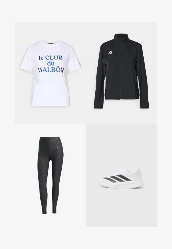 Črna atletska jakna z dolgimi rokavi, stojnico, polnim zadrgo in belim Adidasovim logotipom na levi prsih. Gladek, lahek material.; Bela bomba iz bombaža s kratkimi rokavi. Ima modro izšito besedilo "le CLUB du MALBÔN." Klasičen kroj s okroglim izrezom.; Črne legice z tonalnim vzorcem zebre, visokim pasom, gladko teksturo in Adidasovim logotipom na levi bok. Izdelane iz raztegljive tkanine.; Bela atletska čevlja z črnimi diagonali, mrežastim zgornjim delom, zaobljenim nosom in teksturirano podplatom. Dodatki vključujejo srebrno peto in minimalističen dizajn.
