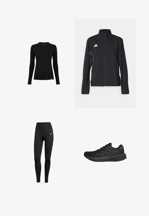 Černá atletická bunda s dlouhými rukávy, stojáčkovým límcem, plným předním zipem a bílým logem Adidas na levé hrudi. Hladká, lehká tkanina.; Černé tričko s dlouhým rukávem vyrobené z hladké látky s kulatým výstřihem. Na spodním levém rohu je jemná logo štítek. Minimalistický design.; Černé sportovní legíny s vysokým pasem. Vyrobené z elastického materiálu, který má bílé logo na horní levé straně.; Černé sportovní boty s síťovaným svrškem, aerodynamickým tvarem, plochou podrážkou a třemi šikmými pruhy na boku. Lehký design pro pohodlí.
