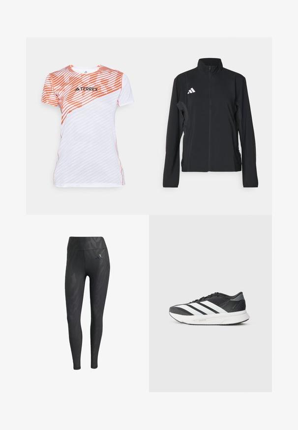 Svart idrettsjakke med lange ermer, ståkrage, hel front glidelås og hvit Adidas-logo på venstre bryst. Glatt, lett stoff.; Hvit og oransje kortermet treningstrøye med diagonalt stripemønster og "TERREX"-logo over brystet.; Sorte leggings med en tonet zebra mønster, høy midje, glatt tekstur, og et Adidas-logo på venstre hofte. Laget av stretchy stoff.; Svart treningssko med hvite striper, mesh-overdel, polstret såle og et elegant design. Grå detaljer på hælen og tungen.