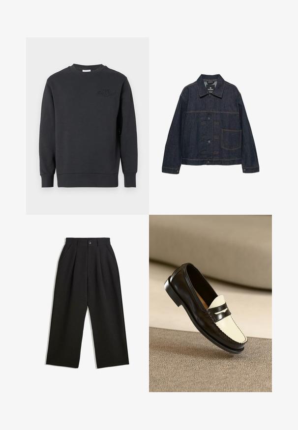 Tmavomodrá džínová bunda s dlhými rukávmi, predným zapínaním na gombíky, golierom a jednou veľkou vreckom na ľavej strane.; Čierna mikina zo 100% bavlny, s okrúhlym výstrihom, rebrovanými manžetami a spodným lemom, s vytlačeným logom na hrudi. Hladká textúra.; Čierne nohavice s voľným strihom, s prekrytím vpredu, bočnými vreckami a zapínaním na gombík. Vyrobené z textúrovanej látky.; Čierne kožené loaferi s krémovou prednou časťou a čiernymi akcentovými prúžkami, s nízkym podpätkom a detailným prešívaním pozdĺž okrajov.