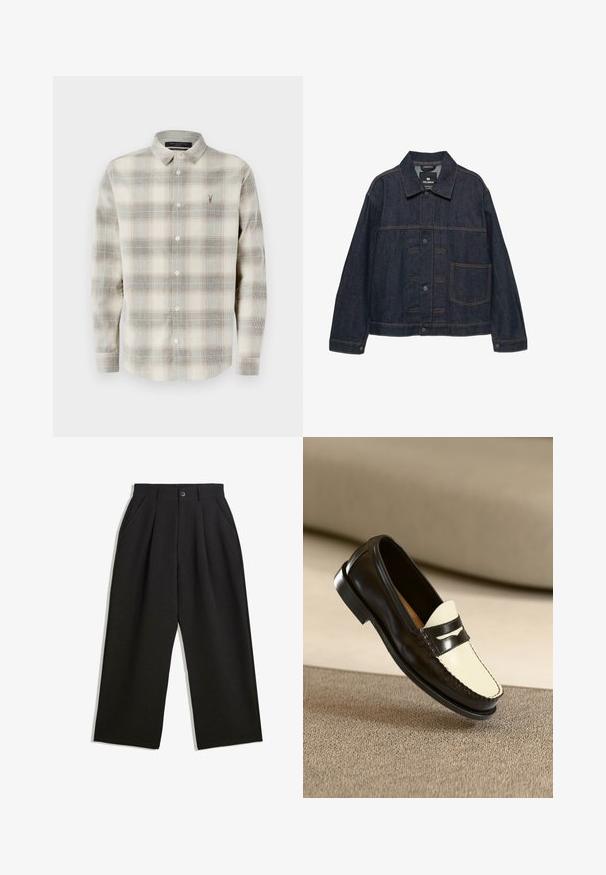 Temno modra denim jakna z dolgimi rokavi, sprednjim zapiranjem na gumbe, ovratnikom in enim velikim žepom na levi strani.; Polo s dolgimi rokavi, z gumbom, v bež in sivi karo vzorcu, z ostrim ovratnikom in majhnim vezenim logotipom na levem prsnem predelu.; Črne hlače z sproščenim krojem, z naborki spredaj, stranskimi žepi in gumbom za zapiranje. Narejene so iz strukturirane tkanine.; Črne usnjene loafersice s kremasto barvo na zgornjem delu in črnimi akcentnimi črtami, ki imajo nizko peto in podrobno šivanje ob robovih.