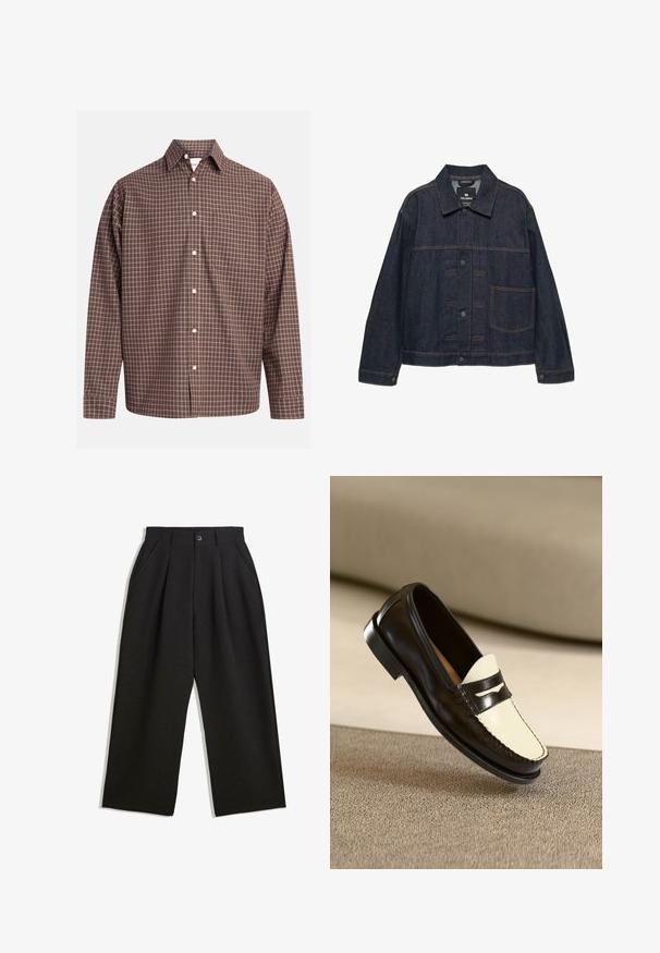 Sötétkék farmerdzseki hosszú ujjakkal, elöl gombos záródással, gallérral és egy nagy zsebbel a bal oldalon.; Barna kockás, hosszú ujjú ing, mellzsebbel és fehér gombokkal, texturált anyagon.; Fekete, lazán szabott nadrág, elöl redőkkel, oldalsó zsebekkel és gombzárral. Texturált anyagból készült.; Fekete bőr loafert tartalmaz, krémszínű felsőrésszel és fekete díszcsíkokkal, alacsony sarkú, és részletes varratokkal az éleken.