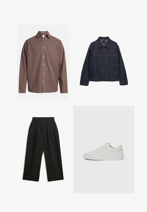 Dunkelblaue Jeansjacke mit langen Ärmeln, Frontknopfverschluss, Kragen und einer großen Tasche auf der linken Seite.; Braun kariertes Hemd mit langen Ärmeln, ausgestattet mit einer Brusttasche und weißen Knöpfen auf einem strukturierten Stoff.; Schwarze Hose mit lockerem Schnitt, mit Falten an der Vorderseite, Seitentaschen und einem Knopfverschluss. Hergestellt aus strukturiertem Stoff.; Weiße Leder-Sneaker im Low-Top-Stil mit runder Zehenform, flacher weißer Gummisohle und minimalistischen Steppnähten. Schnürsenkel sind durch sechs Ösen gesichert.