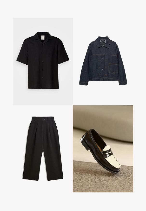 Giacca in denim blu scuro con maniche lunghe, chiusura frontale con bottoni, colletto e una grande tasca sul lato sinistro.; Maglietta nera a maniche corte in tessuto di lino, con chiusura a bottoni sul davanti, colletto a punta e texture liscia. Senza motivi o accenti evidenti.; Pantaloni neri con una vestibilità comoda, caratterizzati da pieghe frontali, tasche laterali e chiusura con bottone. Realizzati in tessuto testurizzato.; Mocassino in pelle nera con tomaia color crema e strisce nere in rilievo, caratterizzato da un tacco basso e dettagli di cucitura lungo i bordi.