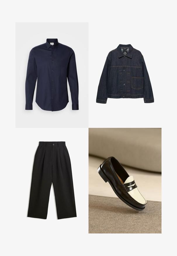 Tmavomodrá džínová bunda s dlhými rukávmi, predným zapínaním na gombíky, golierom a jednou veľkou vreckom na ľavej strane.; Námornícky modrá košeľa s gombíkmi vyrobená z bavlny. Má dlhé rukávy, špicatý golier a légu so zodpovedajúcimi gombíkmi. Hladká textúra.; Čierne nohavice s voľným strihom, s prekrytím vpredu, bočnými vreckami a zapínaním na gombík. Vyrobené z textúrovanej látky.; Čierne kožené loaferi s krémovou prednou časťou a čiernymi akcentovými prúžkami, s nízkym podpätkom a detailným prešívaním pozdĺž okrajov.
