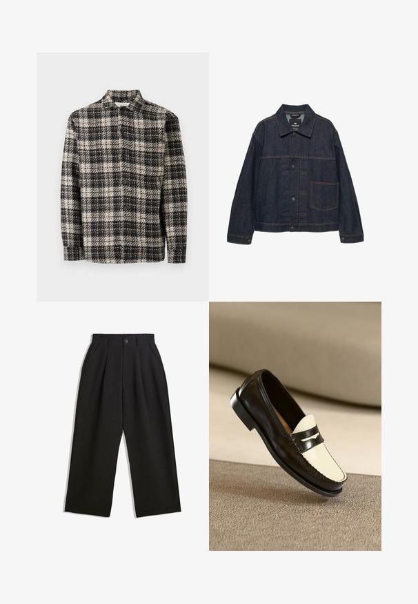 Veste en denim bleu foncé avec manches longues, fermeture à boutons à l'avant, un col, et une grande poche sur le côté gauche.; Veste à carreaux texturée en noir et blanc, boutonnée, à manches longues et col, posée à plat sur un fond blanc uni.; Pantalons noirs à coupe décontractée, avec des plis à l'avant, des poches latérales et une fermeture à bouton. Fabriqués en tissu texturé.; Mocassin en cuir noir avec un empeigne crème et des rayures noires, présentant un petit talon et des coutures détaillées le long des bords.