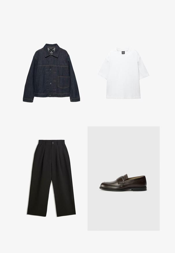 Giacca in denim blu scuro con maniche lunghe, chiusura frontale con bottoni, colletto e una grande tasca sul lato sinistro.; T-shirt bianco a maniche corte in cotone, con scollatura rotonda e vestibilità rilassata con orlo dritto. Nessun motivo o decorazione.; Pantaloni neri con una vestibilità comoda, caratterizzati da pieghe frontali, tasche laterali e chiusura con bottone. Realizzati in tessuto testurizzato.; Calvin Klein Scarpe senza lacci - cocoa brown