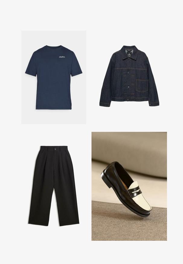 Temno modra denim jakna z dolgimi rokavi, sprednjim zapiranjem na gumbe, ovratnikom in enim velikim žepom na levi strani.; Temno modra bombažna majica s kratkimi rokavi. Vključuje majhen bel vezen logo na levi prsni strani. Okrugli izrez.; Črne hlače z sproščenim krojem, z naborki spredaj, stranskimi žepi in gumbom za zapiranje. Narejene so iz strukturirane tkanine.; Črne usnjene loafersice s kremasto barvo na zgornjem delu in črnimi akcentnimi črtami, ki imajo nizko peto in podrobno šivanje ob robovih.