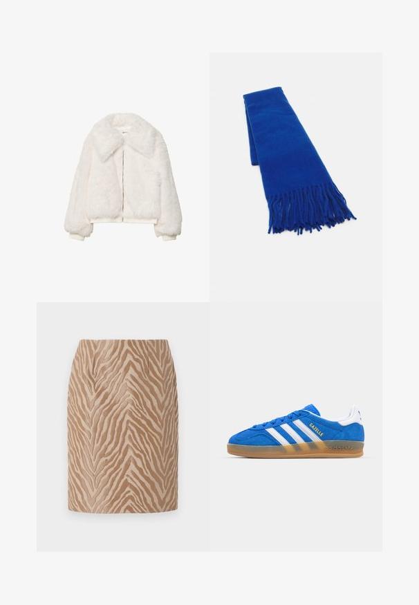 Biela umelá kožušina bomber bunda so širokým golierom, zipsovým zapínaním a ribbed manžetami. Mäkká textúra s kratším strihom.; Svetlomodrá a biela pruhovaná košeľa s golierom, gombíkovým zapínaním a dlhými rukávmi. Tkanina vyzerá hladko a je ľahká.; Béžová mini sukňa s textúrovaným pruhovaným vzorom zebry v tmavších odtieňoch. Má hladký povrch a strih s prednými skladmi.; Modré semišové tenisky s bielymi pruhmi a textom "Gazelle". Obsahuje základňu z gumovej gumy a texturované detaily na hornej časti. Klasický dizajn.; Modrá tkaná šatka s strapcami na koncoch, hladká textúra, obdĺžnikový tvar a jednotná farba po celom povrchu. Vhodná do chladného počasia.; Čierna kožená hobo taška so hladkou textúrou, zakriveným tvarom a jedným nastaviteľným popruhom; má široké otvorenie na vrchu.