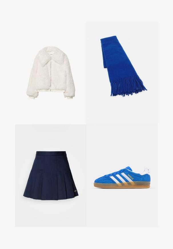 Biela umelá kožušina bomber bunda so širokým golierom, zipsovým zapínaním a ribbed manžetami. Mäkká textúra s kratším strihom.; Svetlomodrá a biela pruhovaná košeľa s golierom, gombíkovým zapínaním a dlhými rukávmi. Tkanina vyzerá hladko a je ľahká.; Námornícka plisovaná sukňa s priliehajúcim pásom, vyrobená z hladkého materiálu. Obsahuje malé logo Lacoste na leme.; Modré semišové tenisky s bielymi pruhmi a textom "Gazelle". Obsahuje základňu z gumovej gumy a texturované detaily na hornej časti. Klasický dizajn.; Modrá tkaná šatka s strapcami na koncoch, hladká textúra, obdĺžnikový tvar a jednotná farba po celom povrchu. Vhodná do chladného počasia.; Čierna kožená hobo taška so hladkou textúrou, zakriveným tvarom a jedným nastaviteľným popruhom; má široké otvorenie na vrchu.