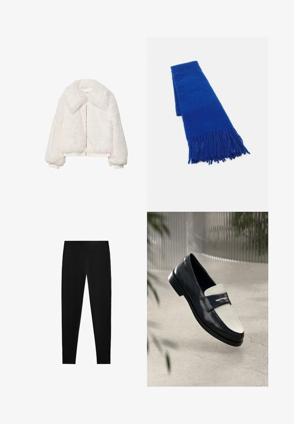 Giacca bomber in pelliccia sintetica bianca con colletto ampio, chiusura con zip e polsini a costine. Texture morbida con una silhouette cropped.; Camicia a righe blu chiaro e bianca con colletto, chiusura con bottoni e maniche lunghe. Il tessuto appare liscio e leggero.; Leggings neri realizzati in un tessuto elasticizzato, con vita alta e un design fluido e senza cuciture, adatti per varie attività.; Mocassino in pelle bianco e nero con cuciture decorative, sospeso sopra un pavimento di cemento con piante sfocate sullo sfondo.; Sciarpa blu intrecciata con estremità frangiate, texture liscia, forma rettangolare e colore uniforme su tutta la superficie. Adatta per il freddo.; Borsa hobo nera in pelle con una superficie liscia, forma curvata e una singola tracolla regolabile; presenta un'ampia apertura nella parte superiore.