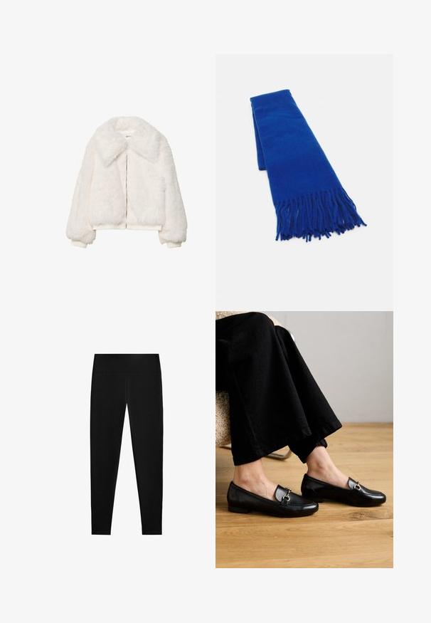 Biela umelá kožušina bomber bunda so širokým golierom, zipsovým zapínaním a ribbed manžetami. Mäkká textúra s kratším strihom.; Svetlomodrá a biela pruhovaná košeľa s golierom, gombíkovým zapínaním a dlhými rukávmi. Tkanina vyzerá hladko a je ľahká.; Čierne legíny vyrobené z elastického materiálu, s vysokým pásom a hladkým, bezšvovým dizajnom, vhodné na rôzne aktivity.; Čierne kožené mokasíny so štvorcovou špičkou a malým podpätkom, ktoré majú zlatú dekoratívnu kovovú ozdobu na hornej strane.; Modrá tkaná šatka s strapcami na koncoch, hladká textúra, obdĺžnikový tvar a jednotná farba po celom povrchu. Vhodná do chladného počasia.; Čierna kožená hobo taška so hladkou textúrou, zakriveným tvarom a jedným nastaviteľným popruhom; má široké otvorenie na vrchu.