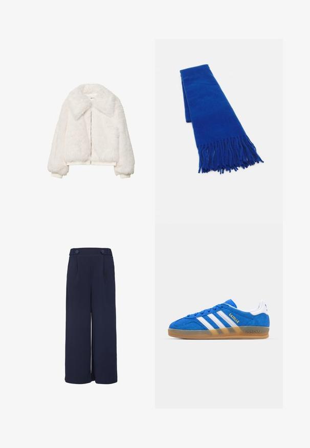 Veste bomber en fausse fourrure blanche avec un large col, fermeture zippée et poignets côtelés. Texture douce avec une silhouette courte.; Chemise rayée bleu clair et blanche avec col, fermeture à boutons et manches longues. Le tissu semble lisse et léger.; Pantalons larges bleu marine, en mélange de polyester, avec une taille haute et deux boutons, des plis à l'avant et une finition lisse et texturée.; Baskets en daim bleu avec des rayures blanches et le texte "Gazelle". Présentent une semelle en caoutchouc à gomme et des accents texturés sur le dessus. Design classique.; Écharpe tissée bleue avec des extrémités à franges, texture lisse, forme rectangulaire et couleur uniforme. Convient pour les temps froids.; Sac hobo en cuir noir avec une texture lisse, une forme incurvée et une seule sangle réglable ; dispose d'une large ouverture en haut.