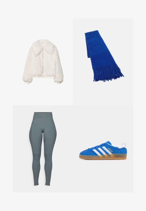 Biała kurtka bomber z sztucznego futra z szerokim kołnierzem, zamkiem błyskawicznym i ściągaczami na rękawach. Miękka tekstura z krótkim krojem.; Jasnoniebieska koszula w białe paski z kołnierzykiem, zapięciem na guziki i długimi rękawami. Materiał wydaje się gładki i lekki.; Legginsy z wysokim stanem w stonowanej, teczowej tkaninie prążkowanej. Posiadają gładkie szwy i elastyczny pas dla dopasowanego kroju, sięgają do kostki.; Niebieskie zamszowe sneakersy z białymi paskami i napisem „Gazelle”. Posiadają gumową podeszwę i teksturowane akcenty na cholewce. Klasyczny design.; Niebieski pleciony szalik z frędzlami na końcach, gładka tekstura, prostokątny kształt i jednolity kolor na całej powierzchni. Odpowiedni na zimną pogodę.; Czarna skórzana torba hobo o gładkiej fakturze, zaokrąglonym kształcie i pojedynczym, regulowanym pasku; posiada szerokie otwarcie na górze.