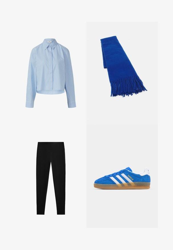 Giacca bomber in pelliccia sintetica bianca con colletto ampio, chiusura con zip e polsini a costine. Texture morbida con una silhouette cropped.; Camicia a righe blu chiaro e bianca con colletto, chiusura con bottoni e maniche lunghe. Il tessuto appare liscio e leggero.; Leggings neri realizzati in un tessuto elasticizzato, con vita alta e un design fluido e senza cuciture, adatti per varie attività.; Sneaker in suede blu con strisce bianche e testo "Gazelle". Presenta suola in gomma e accenti testurizzati sulla parte superiore. Design classico.; Sciarpa blu intrecciata con estremità frangiate, texture liscia, forma rettangolare e colore uniforme su tutta la superficie. Adatta per il freddo.; Borsa hobo nera in pelle con una superficie liscia, forma curvata e una singola tracolla regolabile; presenta un'ampia apertura nella parte superiore.