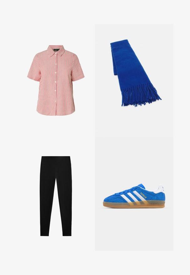 Vit fuskpäls bomberjacka med bred krage, dragkedja och ribbade ärmslut. Mjuk textur med en kortad siluett.; Kortärmad skjorta med knappar i röd och vit vertikalrandig design, med spetsig krage och avslappnad passform i texturerat tyg.; Svarta leggings gjorda av elastiskt tyg, med hög midja och en slät, sömlös design, passar för olika aktiviteter.; Blå mockaskor med vita ränder och texten "Gazelle". Har en gummisula och texturerade detaljer på ovansidan. Klassisk design.; Blå vävd scarf med fransade ändar, slät textur, rektangulär form och enhetlig färg över hela. Lämplig för kallt väder.; Svart läder hobo-väska med en slät textur, kurvig form och en justerbar axelrem; har en bred öppning upptill.
