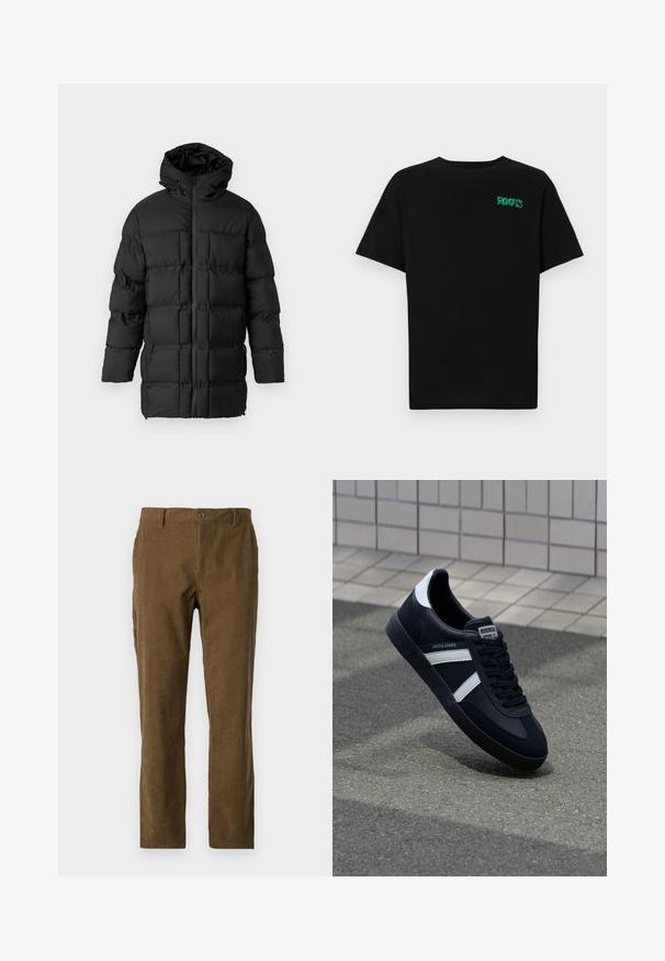 Črn puhovka s kapuco, zadrgo, prešito zasnovo z pravokotnimi paneli in gladko teksturo.; Črna majica iz bombaža z kratkimi rokavi. Na sprednji strani ima zeleno logotip "ROOTS", okroglo ovratnico in standardno prileganje.; Rjave kordnoj hlače s ravnim krojem, ki imajo vertikalne rebrice, z gumbom spredaj in stranskimi žepi za dodatno uporabnost.; Črne usnjene superge z belimi črtami, teksturiran gumijast podplat in zavezovanje spredaj. Imajo označeno oznako na ježku.