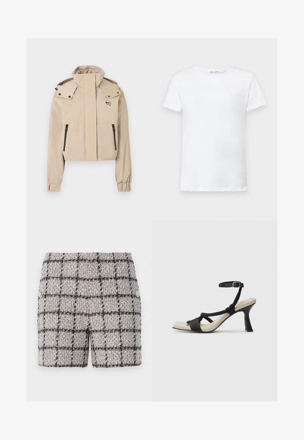 Cropped beige jacket with a high collar, snap button accents, and black zippered pockets on the front. Smooth fabric with elastic cuffs.; White short-sleeve t-shirt made of cotton with a crew neck design. Smooth texture and straight cut, no patterns or accents.; Tweed shorts in a neutral color with a black and white check pattern. Features decorative buttons on the front. Textured fabric.; Black heeled sandal with braided strap design, square toe, and adjustable ankle strap. Light beige footbed with a glossy black heel.