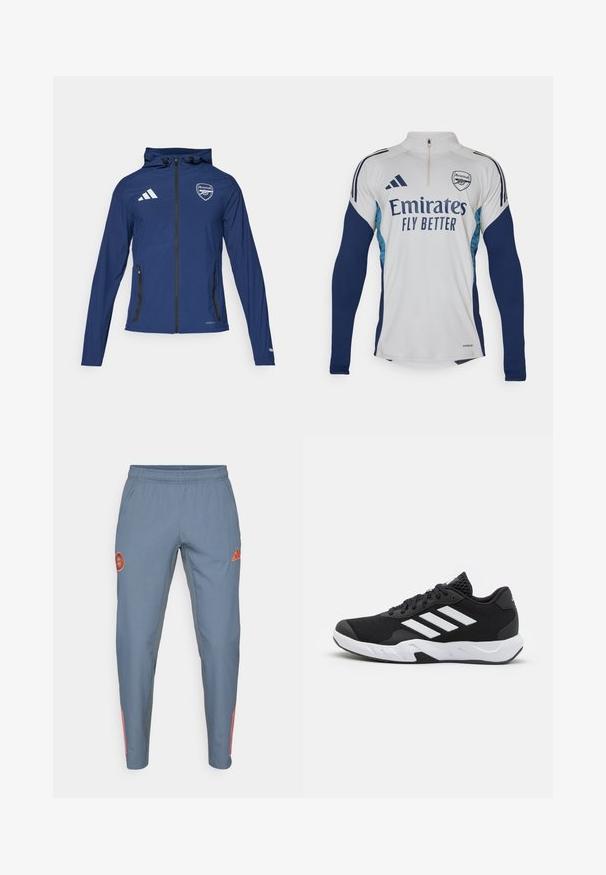 Navy waterproof jacket with a front zipper, hood, Adidas logo, Arsenal crest, and black zippered pockets. Lightweight fabric, smooth texture.; White long-sleeve jersey with navy blue accents, half-zip neckline, featuring "Emirates Fly Better" logo and Arsenal club crest.; Light blue athletic pants with an elastic waistband, featuring an orange logo and three orange stripes down the outer leg.; Black athletic shoes with a textured mesh upper, white accent stripes, a cushioned sole, and a reinforced heel for support.