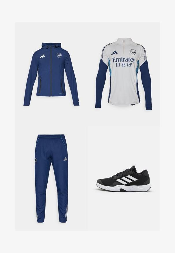 Jachetă impermeabilă albastră cu fermoar frontal, glugă, logo Adidas, emblema Arsenal și buzunare negre cu fermoar. Țesătură ușoară, textură netedă.; Polo alb cu maneci lungi, cu accente albastre-navy, guler cu fermoar până la jumătate, având logo-ul "Emirates Fly Better" și emblema clubului Arsenal.; Pantaloni jogger de culoare bleumarin, confecționați dintr-un material ușor, având un accent albastru, un patch cu logo și trei dungi albe pe picioare.; Pantofi sport negri cu un material din plasă texturată, benzi albe de accent, o talpă cushioned și un călcâi întărit pentru suport.