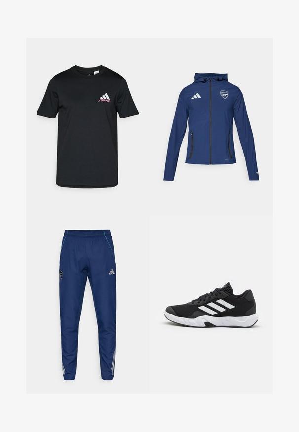 Námořnická voděodolná bunda s předním zipem, kapucí, logem Adidas, znakem Arsenalu a černými kapsami na zip. Lehká tkanina, hladká textura.; Černé bavlněné tričko s krátkými rukávy, na levé části hrudi s bílým logem adidas a růžovým textem. Hladká textura, jednoduchý design.; Navy jogger kalhoty vyrobené z lehkého materiálu, s modrým akcentem, logem a třemi bílými pruhy na spodní části nohavic.; Černé sportovní boty s texturovaným síťovaným svrškem, bílými akcentními pruhy, polstrovanou podrážkou a vyztuženým patem pro podporu.