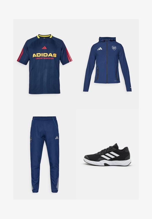 Giacca impermeabile navy con zip frontale, cappuccio, logo Adidas, stemma dell'Arsenal e tasche nere con zip. Tessuto leggero, texture liscia.; T-shirt sportivo Adidas di colore blu navy con colletto giallo, strisce rosse sulle maniche e testo bold "ADIDAS SPORTSWEAR" in giallo e rosso.; Pantaloni jogger navy realizzati in tessuto leggero, con un accento blu, patch con logo e tre strisce bianche lungo le gambe inferiori.; Scarpe da ginnastica nere con una tomaia in mesh texturizzata, strisce bianche di accento, suola imbottita e tallone rinforzato per supporto.