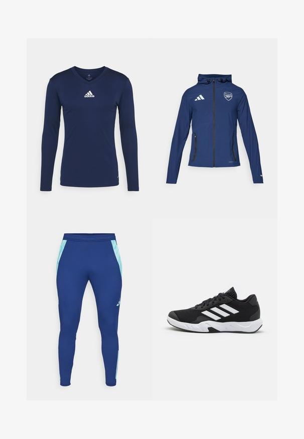 Mornarska vodootporna jakna s prednjim zatvaračem, kapuljačom, Adidas logotipom, Arsenal grbom i crnim zatvaračima na džepovima. Lagana tkanina, glatka tekstura.; Mornarica dugih rukava sportska majica od teksturiranog materijala s V izrezom i bijelim Adidas logotipom na prsima. Jednostavan dizajn, prilagođen kroj.; Navy plave tajice za sport, izrađene od rastezljivog materijala, s svijetloplavim bočnim panelima i prilagođenim dizajnom sa uskim rubom oko gležnja.; Crne atletske cipele s teksturiranim mrežastim gornjim dijelom, bijelim naglasnim trakama, podstavljenim potplatom i ojačanim petom za podršku.