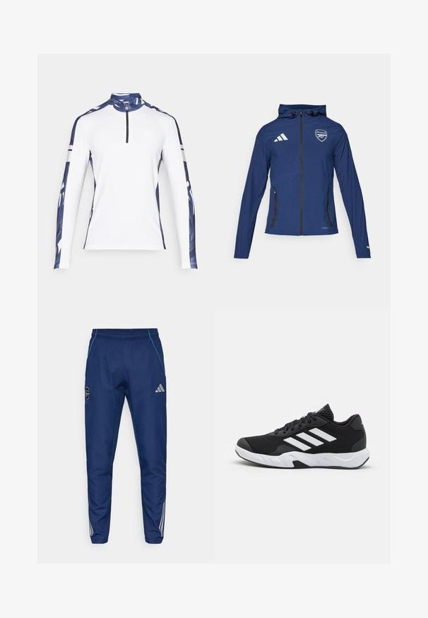 Marine vandtæt jakke med frontlynlås, hætte, Adidas-logo, Arsenal-varemærke og sorte lynlåslommer. Letvægtsstof, glat tekstur.; Langærmet sports skjorte, hvid med blå mønstrede ærmer, høj krave og 1/4 lynlås. Har kontrasterende sorte striber på ærmerne.; Navy joggerbukser lavet af letvægtsstof, med en blå accent, logo-patch og tre hvide striber langs de nederste ben.; Sorte atletiksko med en tekstureret mesh-overdel, hvide accentstriber, en polstret sål og en forstærket hæl for støtte.