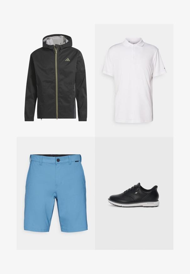 Giacca leggera nera con cappuccio, zip frontale e polsini elasticizzati. Presenta sottili dettagli verdi e un piccolo logo sul petto.; Polo shirt bianco realizzato in cotone liscio, con colletto classico, chiusura a tre bottoni e maniche corte. Logo del marchio discreto sulla manica.; Pantaloni corti azzurri realizzati in tessuto testurizzato, dotati di chiusura con bottone, passanti per cintura e tasche laterali. Design informale, taglio lungo fino al ginocchio.; Sneaker nera in pelle con lacci Skechers, suola bianca, logo laterale e grip testurizzato sulla suola su sfondo chiaro uniforme.