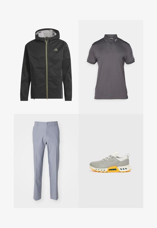 Černá lehká bunda s kapucí, předním zipem a elastickými manžetami. Obsahuje jemné zelené akcenty a malé logo na hrudi.; J.LINDEBERG Sports TOUR TECH - Polotričko - asphalt; Světle šedé kalhoty vyrobené z hladkého materiálu. Mají klasický střih, rovné nohavice a zapínání na knoflík v pase.; Šedá sportovní bota s hladkým koženým svrškem, síťovaným jazykem, žlutou gumovou podešví a modrými akcenty na mezipodešvi. Přítomné perforované detaily.