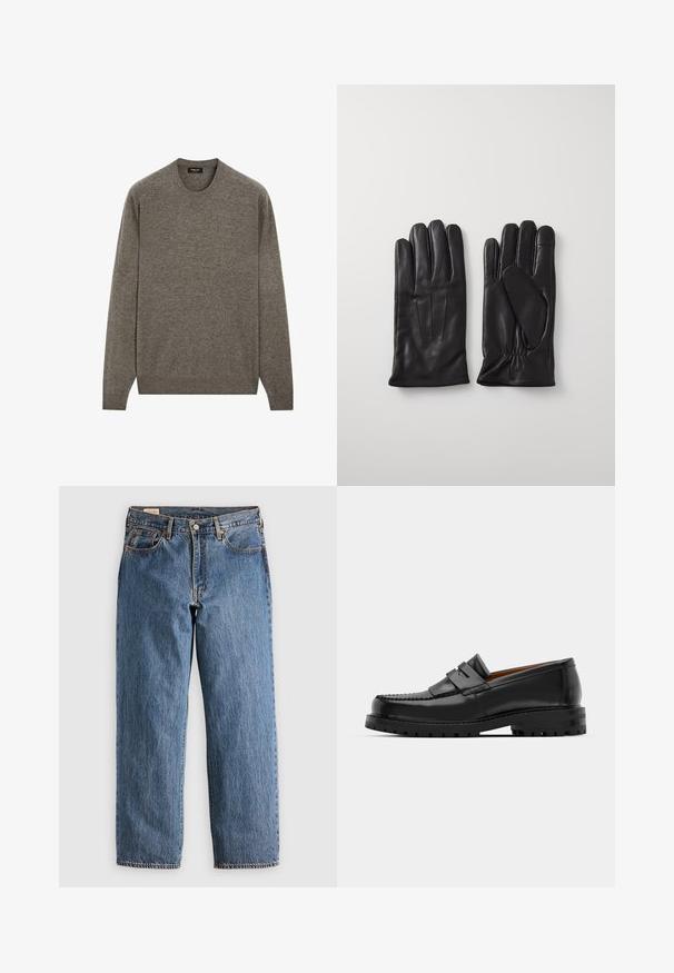 Schwarzer doppelt geknöpfter Mantel aus Wolle mit Reverskragen, seitlichen Taschen und zwei Knöpfen auf jeder Seite. Glatte Textur, knielanges Design.; Brauner Strickpullover mit Rundhalsausschnitt und langen Ärmeln, gerippten Bündchen und Saum, weicher Textur und einem schlichten Design ohne Muster oder Verzierungen.; Schwarzes, geripptes Tanktop mit rundem Halsausschnitt und weiten Armausschnitten, aus einem weichen, dehnbaren Stoff. Marke: Pull&Bear.; Blaue Jeans aus Denim mit geradem Schnitt, hohem Bund, kupfernen Nieten und orangefarbener Naht. Mit Vorder- und Hintertaschen.; Schwarze Lederloafer verfügen über eine erhöhte Naht, zwei dekorative Riemen im oberen Bereich und eine dicke, strukturierte Sohle für zusätzlichen Halt.; Schwarze Lederhandschuhe mit fünf Fingern, die eine glatte Textur aufweisen, drei vertikale Nähte auf der Rückseite haben und am Handgelenk gerafft sind für einen sicheren Sitz.